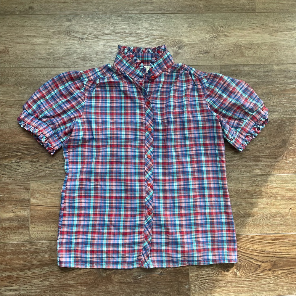 Vintage 70s Sears Plaid Ruffle Short Sleeve Button Down Shirt Blouse - Picture 3 of 8